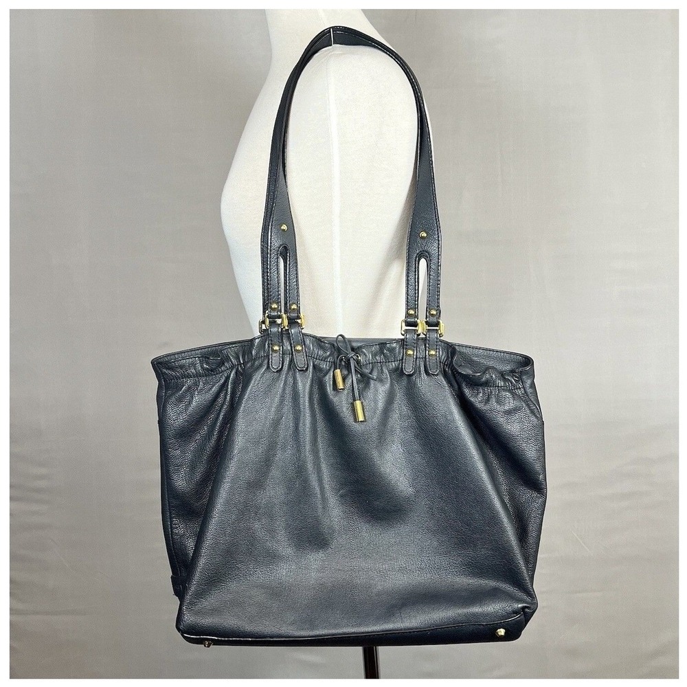 DKNY Karen Large Black Leather Drawstring Shoulder Tote Bag Gold Hardware‎